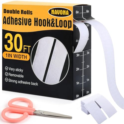 Navona 30Ft x 1 Inch Hook and Loop Strips with Adhesive – 2 Rolls Heavy Duty Hook and Loop Tape with Backing for Home, Office, School, and Crafting Projects, White - color: 1in x 30ft-white