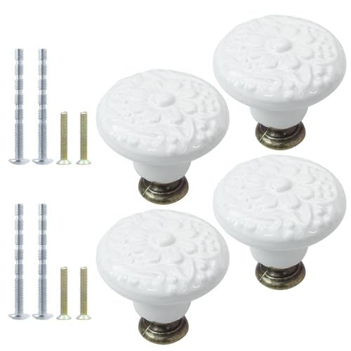 4pcs White Ceramic Cabinet Knobs and Pulls - Retro Dresser and Closet Drawer Handles - Cupboard and Furniture Door Knobs - color: White, size: 4pcs-1.3 Inch