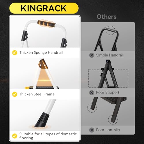 KINGRACK 2 Step Folding Ladder, 800lbs Capacity Step Stool with Safety Lock, Non-Skid Wide Pedals, and Handrail, Lightweight, Household Ladder for Home, Kitchen, Pantry, Closets, and Office Use, White - size: 2-STEP