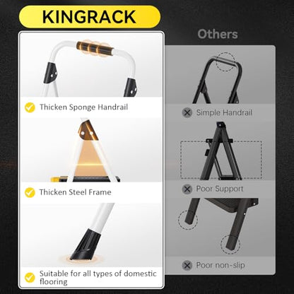 KINGRACK 4 Step Folding Ladder, 800lbs Capacity Step Stool with Safety Lock, Non-Skid Wide Pedals, and Handrail, Lightweight, Household Ladder for Home, Kitchen, Pantry, Closets, and Office Use, White - size: 4-STEP