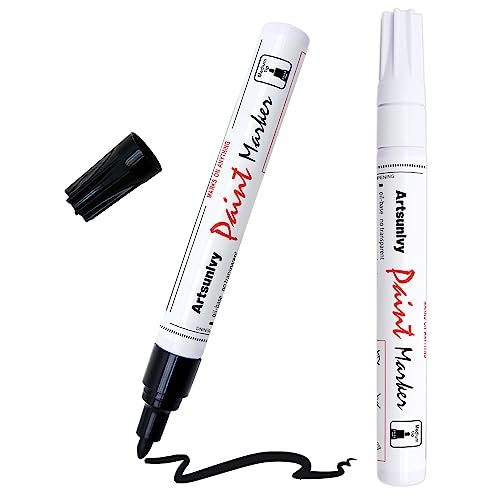 Artsunlvy Permanent Paint Pens Paint Markers - 2 Pack Black & White Oil Based Quick Dry Waterproof Markers For Tire, Rubber,Wood, Rocks, Metal, Canvas - color: White & Black