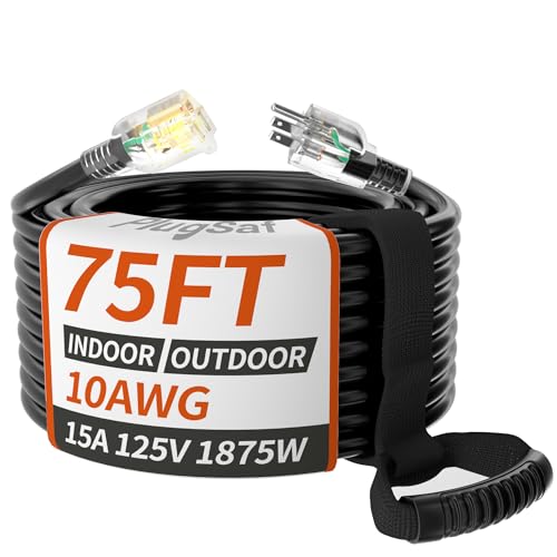 75ft 10 Gauge Outdoor Extension Cord Waterproof with Lighted Indicator,10 AWG SJTW Heavy Duty 15Amp 1875W,3 Prong Cords Flexible Copper Black ETL Listed - size: 75FT