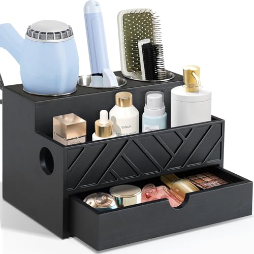 Hair Tool Organizer, Hair Dryer Holder with Drawer, Bathroom Countertop Organizer for Bathroom Accessories, Blow Dryer Organizer for Hair Styling Tools, Vanity Organizer for Bathroom, Vanity, Kitchen - color: Drawer-black