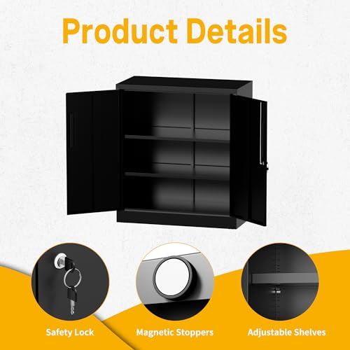 Metal Storage Cabinet, 35" Garage Storage Cabinet with 2 Adjustable Shelves & Lockable Doors, Black Garage Cabinets for Office, Home, Garage, Gym, School - size: 35" H X 15.8" D X 32" W
