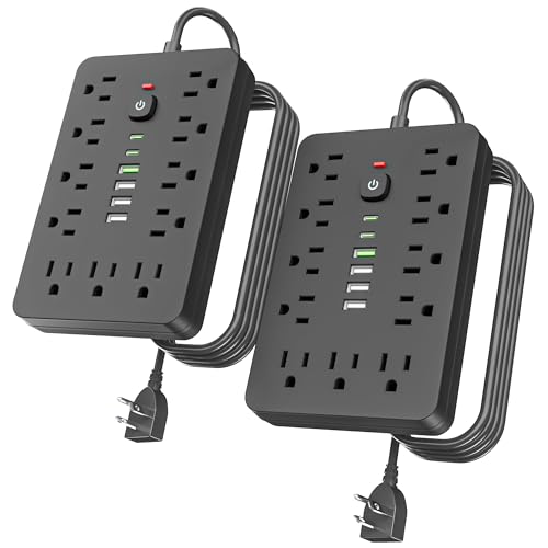 JouleLoom 2PCS 6 FT Flat Plug Surge Protector Power Strip,11 Multiple AC Outlets with 6 USB Ports (2 USB C), 6 Feet Extension Cord, 1250W/10A, One Touch Switch Button, 17 in 1 Compact powerstrip - color: Black, size: 6 Ft-2pack