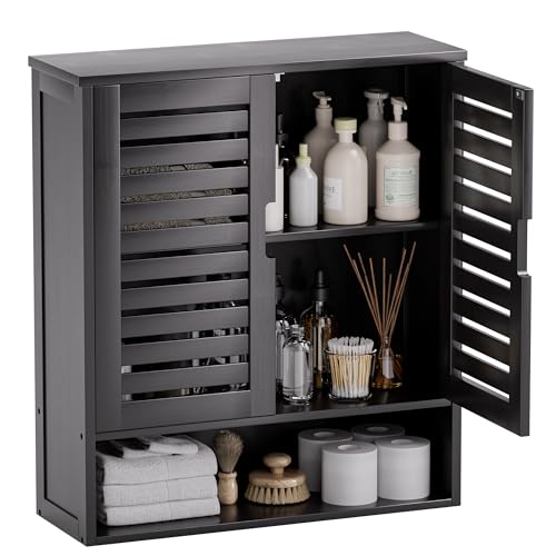 SMIBUY Bathroom Cabinet Wall Mounted, Bamboo Over-The-Toilet Storage Organizer, Space Saver Medicine Cabinet with 2 Door and Adjustable Shelves (Black) - color: Black