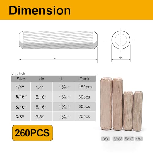 260 Pcs Wooden Dowel Pins in 4 Sizes, 1/4, 5/16, 3/8 inch Fluted Wood Dowels Hardwood Pegs for Table Legs, Wooden Frames, Bookshelves - size: 260PCS MIX