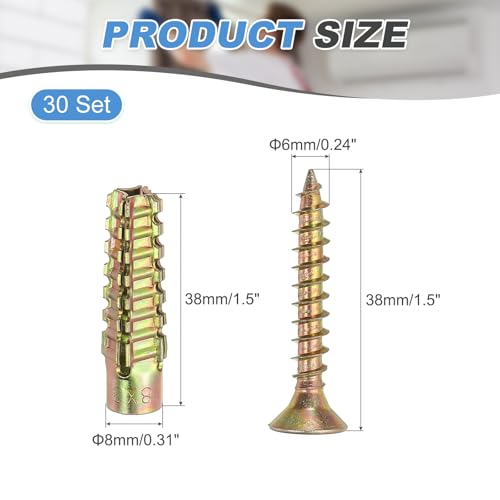 PATIKIL 30 Pcs Drywall Hollow Wall Anchors with Screws 0.24 x 1.57, Steel Dry Wall Anchors Kit for Wooden Concrete Plaster Hinge Hole Repair, Brass (8 x 38mm) - size: 8 x 38mm