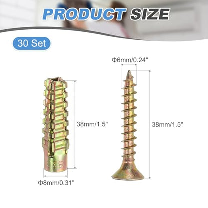 PATIKIL 30 Pcs Drywall Hollow Wall Anchors with Screws 0.24 x 1.57, Steel Dry Wall Anchors Kit for Wooden Concrete Plaster Hinge Hole Repair, Brass (8 x 38mm) - size: 8 x 38mm
