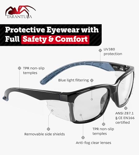 Tarantula Z87.1 Safety Glasses for Men and Women, Soft TPR Temples, Anti-Fog Clear Lenses, Blue Light Blocking, Removable Side Shields, Lightweight Protective Eyewear