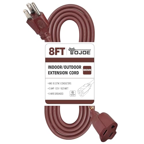 YOJOE Indoor Outdoor Extension Cord, 3 Prong 13A Weatherproof Power Cord, 16 Gauge Heavy Duty 8 ft Brown Extension Cord for Garage, Garden and Home, 16/3 SJTW UL Listed - color: Brown, size: 8 Foot, style: 16/3 Standard