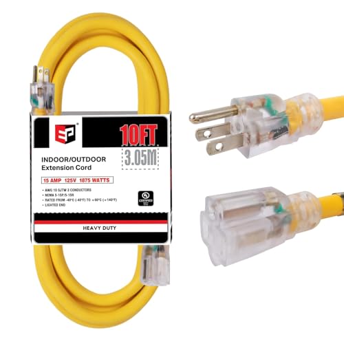 EP 10 Ft Lighted Outdoor Extension Cord - 10/3 SJTW Heavy Duty Yellow Extension Cable with 3 Prong Grounded Plug for Safety, ETL Listed - color: Yellow, size: 10ft