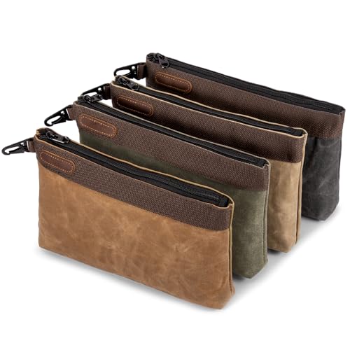 Waxed Canvas Tool Pouches 4 Pack – 11-Inch Heavy-Duty Zipper Tool Bags Set, Waterproof Utility Storage Pouches for Tools, Cables, Gear & Supplies – Rugged Tool Organizer Bags