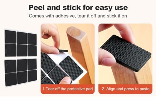 Non-Slip Rubber Furniture Pads, 12Pcs Wood Floor Protector Pad Table Chair Leg Floor Protectors Square Rubber Feet Self-Adhesive Protector Set(Black)
