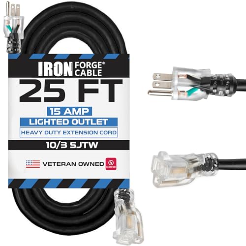 Iron Forge Cable 25 ft Lighted Outdoor Extension Cord - 10/3 SJTW Heavy Duty Black Extension Cable with 3 Prong 15 AMP Grounded Plug for Safety - color: Black, size: 25 Foot