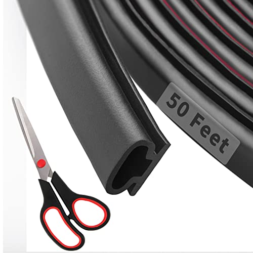 50 Feet D-Shape Rubber Weather Stripping Door Seal Strip, Fingwerk Self-Adhesive Backing Door Weatherstripping for Door Frame Insulation Large Gap, Easy Cut to Size with Tailor Scissors(Black) - color: Black, size: 50.5 Ft Set