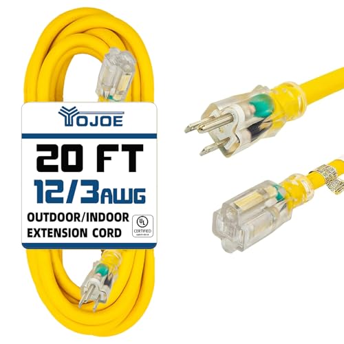 YOJOE Indoor Outdoor Extension Cord with Lighted End, 3 Prong 15A Weatherproof Power Cord, 12 Gauge Heavy Duty 20 ft Yellow Extension Cord for Garage, Garden and Home, 12/3 SJTW UL Listed - color: Yellow, size: 20 Foot, style: 12/3 Lighted-End