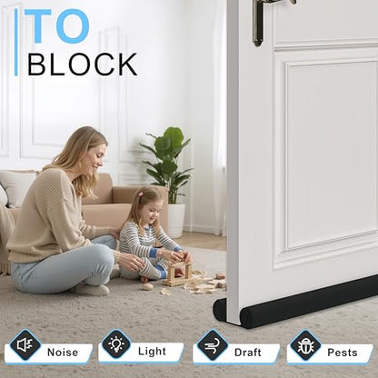 SYIPO Door Draft Stopper, Under Door Sound Blocker - Blocks Noise, Cold/Hot Air, Bugs, Smells, ect. Easy Install Sound Proof Bottom Door Gap Filler & Seal - Fits 30” to 38” Door, Black