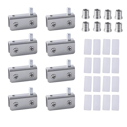 4 Pairs Glass Door Pivot Hinge Set for 4-6mm Glass, Stainless Steel No Drilling Clamp Hinge for Cabinet Doors Replacement, Medicine Cabinet Mirror & Showcase Display, Adjustable Swinging Door Hinge