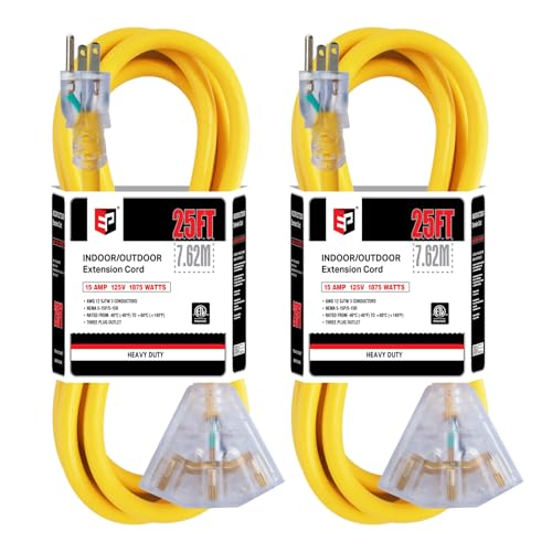 EP 2 Pack 25 Ft 12 Gauge Heavy Duty Extension Cord, 15A 125V 1875W, 3 Outlet Indoor/Outdoor Power Cord with Lighted End, 12/3 SJTW Weatherproof Yellow - color: Yellow, size: 25FT-2PACK