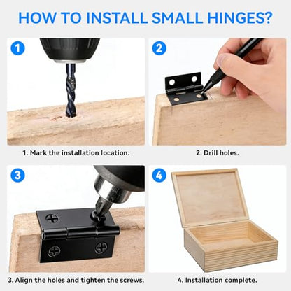 50Pcs 18 x 15mm Small Hinges with 200 Screws, Black Mini Hinges for Wooden Box, Jewelry Box, Picture Frame and DIY Projects