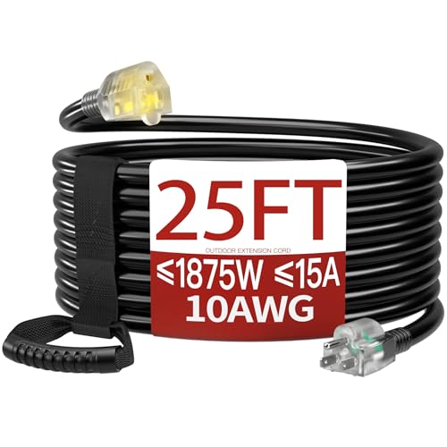 25 FT 10 Gauge Extension Cord Outdoor, Heavy Duty Weatherproof & Flame Retardant Black 3 Prong Power Cord with Light, Outside for Lawn & Garden, 15 Amps 1875 Watts 125 VAC 10AWG SJTW, ETL Listed - color: Black, size: 25FT, style: 10AWG