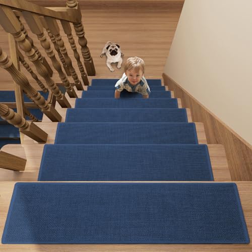 Stair Treads Carpet for Wooden Steps with Non Slip Rubber Backing, 100% Polyester Soft Stairs Resistant Indoor Skid Runner Safety Rugs for Kids Elders and Pets (4, Dark Blue, 30" * 8") - color: Dark Blue, size: 30" x 8" (Oblong)