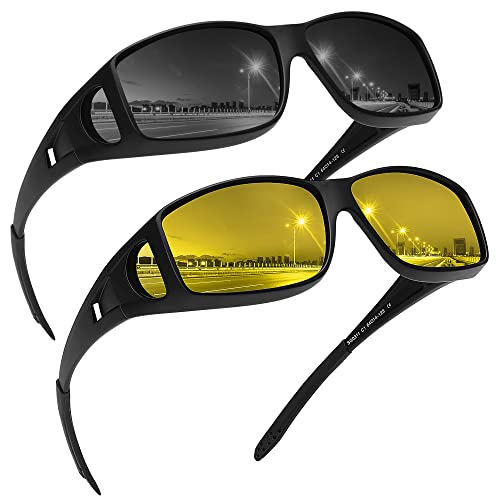 MEETSUN Fit Over Glasses Sunglasses for Men Women,Wrap Around Sunglasses Polarized UV400 Protection - color: (Z1)2 Pack Back Frame Gray Lens+black Frame Night Vision Lens