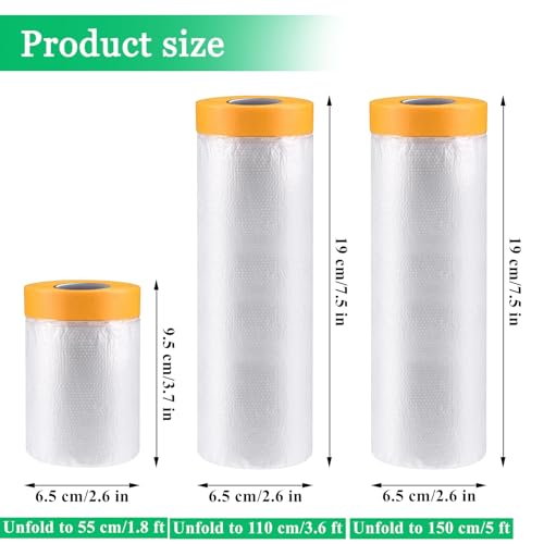 6 Pack Tape and Drape, 1.8x65.6 Ft Pre-Taped Masking Film for Auto Painting Covering, Plastic Pre-Adhesived Dust Paint Protective Drop Film for Furniture, Car, Floor - size: 1.8 Foot x 65.6 Foot - 6 Rolls