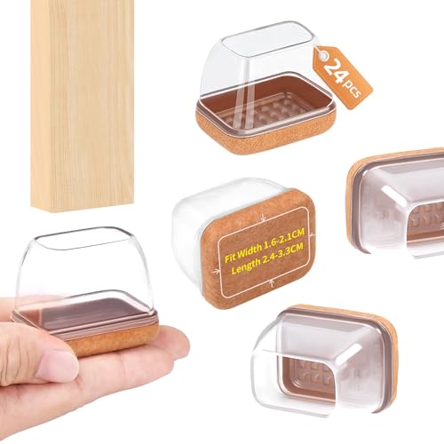Ezprotekt 24 Pcs Rectangle Clear Felt Chair Leg Floor Protectors Caps for Hardwood Floors, Rectangle Silicone Felt Furniture Pads Cups for Chair Table Desk (Fit W :0.6-0.8", L: 0.9-1.3") - size: S-Rectangle