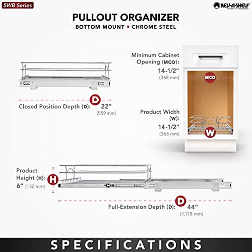 Rev-A-Shelf Kitchen Cabinet Wire Pullout Shelf and Drawer Organizer Pantry Storage with Basket and Mounting Hardware, 15 x 22 In, 5WB1-1522CR-1 - size: 15" W X 22"d, style: Single Tier