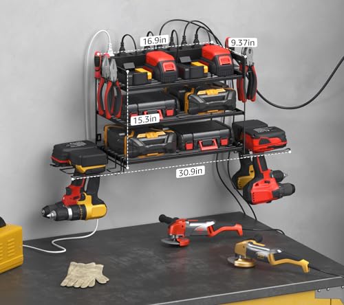 CCCEI Garage Tools Storage with Charging Station. Power Tool Battery Organizer Utility Shelf with Power Strip. 4 Drills Holder Wall Mount Rack, Black 3 Layer. - size: Small, style: 3 Layer