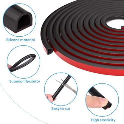 Weather Stripping Door Seal, Self Adhesive Weather Strip Silicone D Shaped Seal Strip for Door Frame and Window Seal, Suitable for Gap from 6mm to 12mm(Size:20Ft, 9/16" W × 15/32" T, Black) - size: L (9/16"W × 15/32"T) 20Ft