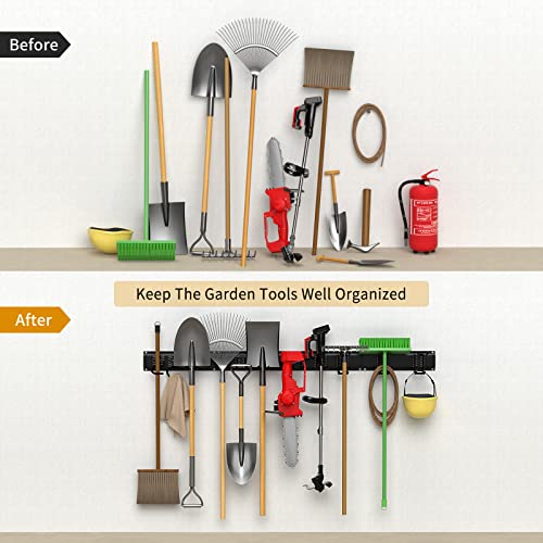 Garage Tool Organizer Wall Mount Garden Tool Organizer 11pcs Adjustable Garage Organizers with 8 Heavy Duty Hooks, Max Load 500lbs Garage Storage for Yard Garden Tools, Shovels, Trimmers, Hoses - size: 48 Inch 1.0