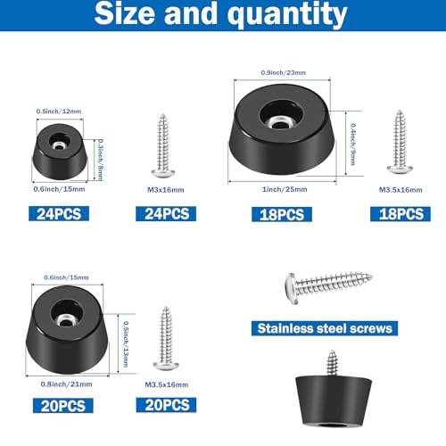 124Pcs Rubber Feet for Cutting Board with Stainless Washer Screws Assortment Kit,3 Sizes (0.6inch, 0.8inch, 1inch),Non Slip Rubber Bumper Feet for Furniture, Cabinets, Electronics - size: 124pcs -3 size