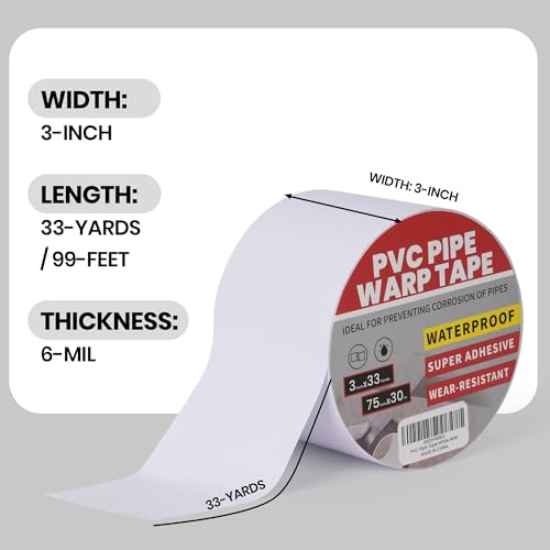 TAPEBEAR Corrosion Protection Pipe Tape, Pipe Wrap Tape for Drain Pipe, Metal Electrical Outdoor Underground Pipe, Waterproof PVC White Tape, Duct Anti-Corrosion and Protection, 3Inch x 33Yard - size: 3inch x 33yard