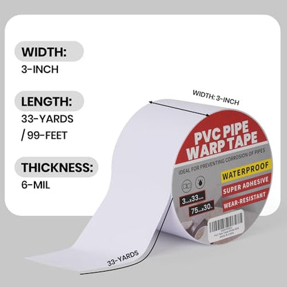 TAPEBEAR Corrosion Protection Pipe Tape, Pipe Wrap Tape for Drain Pipe, Metal Electrical Outdoor Underground Pipe, Waterproof PVC White Tape, Duct Anti-Corrosion and Protection, 3Inch x 33Yard - size: 3inch x 33yard