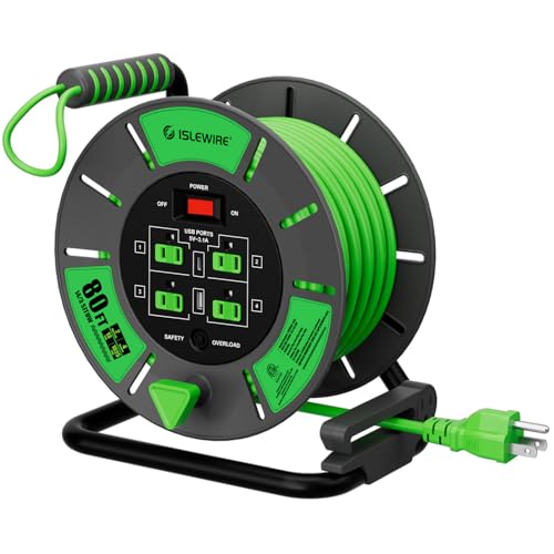Retractable Extension Cord Reel 80 FT, 14AWG SJTOW Heavy Duty Power Cord with 4 Grounded Outlets, USB-A & USB-C Ports, 13A Circuit Breaker, Hand Crank for Indoor Outdoor Use, ETL Listed, Green - color: Green, size: 80FT
