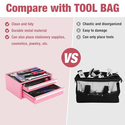 WORKPRO 12.5" Mini Tool Box with 2 Drawers & 1 Open Top Storage, Small Metal Tool Chest with PVC Liners & PP Feet Pads, Cold Rolled Steel Toolbox with Drawer Liners & Magnetic Tabs - Pink Ribbon - color: Pink