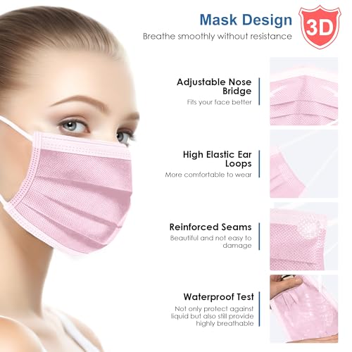NNPCBT Pink Disposable Face Masks 125 Pack,3-Ply Breathable Mask For Adults,Great For Outdoors,Home, Office, School - color: Adult-125 Pack-pink