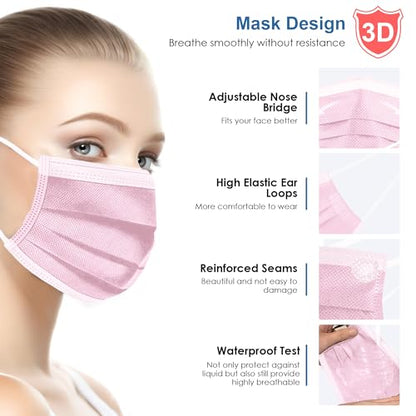 NNPCBT Pink Disposable Face Masks 125 Pack,3-Ply Breathable Mask For Adults,Great For Outdoors,Home, Office, School - color: Adult-125 Pack-pink