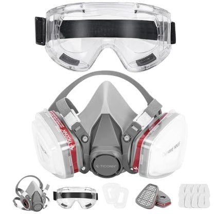 TICONN Reusable Respirator Mask with Filters, Gas Mask with Anti Fog Safety Glasses, Anti-Dust Half Face Cover Respirator