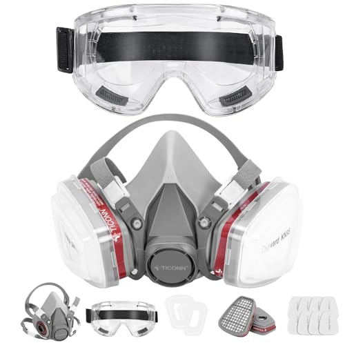 TICONN Reusable Respirator Mask with Filters, Gas Mask with Anti Fog Safety Glasses, Anti-Dust Half Face Cover Respirator