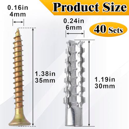 80pcs Tree Shaped Wall Anchor with Screws, M6 Loose Hinge Hole Expansion Screws Anchors, Heavy Duty Steel Repairing Kits for Hollow Concrete Wall Drywall- Silver & Gold