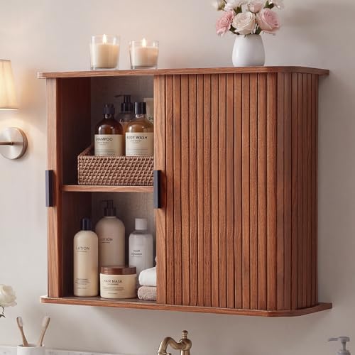 weselon Fluted Wall Mounted Bathroom Cabinet with Sliding Doors, Medicine Cabinet Storage for Over the Toilet, Space Saver Organizer for Small Bathroom Laundry Kitchen (Walnut) - color: Walnut