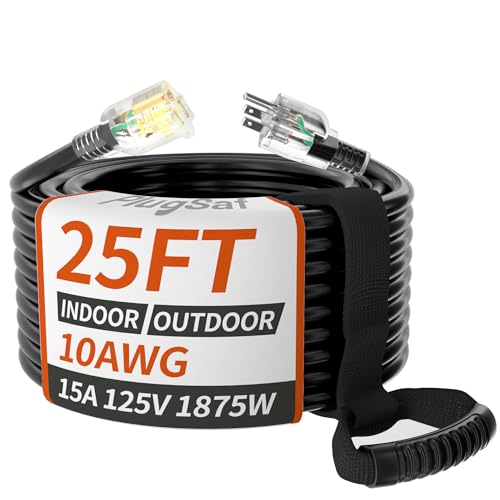 25ft 10 Gauge Outdoor Extension Cord Waterproof with Lighted Indicator,10 AWG SJTW Heavy Duty 15Amp 1875W,3 Prong Cords Flexible Copper Black ETL Listed - size: 25FT