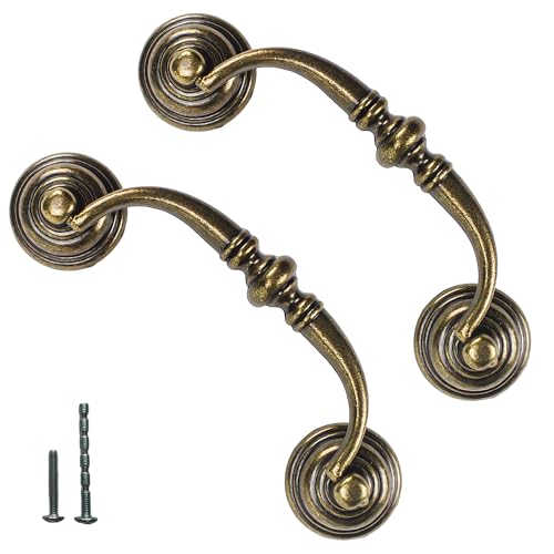 6 PCS Antique Brass Metal Drop Bail Pulls, 3-1/2" Center to Center, Vintage Shabby Chic Drawer Handles for Dressers, Cupboards, Wardrobes, and Kitchen Cabinets - color: Antique Brass, size: 3-1/2" Center to Center