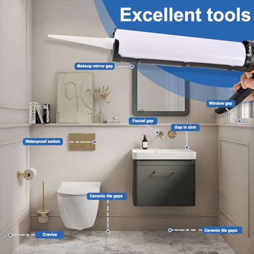 Professional Caulk Gun Kit, White Silicone Sealant + Caulk Gun + Caulking Tool Kit - All-Purpose 100% Silicone Caulk (10 oz Tube), with Caulk Gun, Smoothing Tool, Scraping Tool and Masking Tape