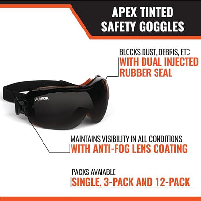 Malta Dynamics APEX Safety Goggles - ANSI Z87 Fog Resistant Safety Goggles for Construction, Anti Scratch Protective Eyewear - color: Tinted, size: 12 Pack