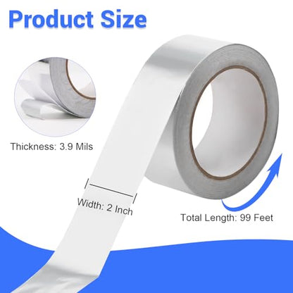 Aluminum Foil Tape Heavy Duty 2 Inch x 99Ft (3.9 Mil), High Temperature HVAC Silver Duct Tape Insulation Adhesive for Metal Repair, Ductwork, Dryer Vent, Patching Hot & Cold Air Ducts